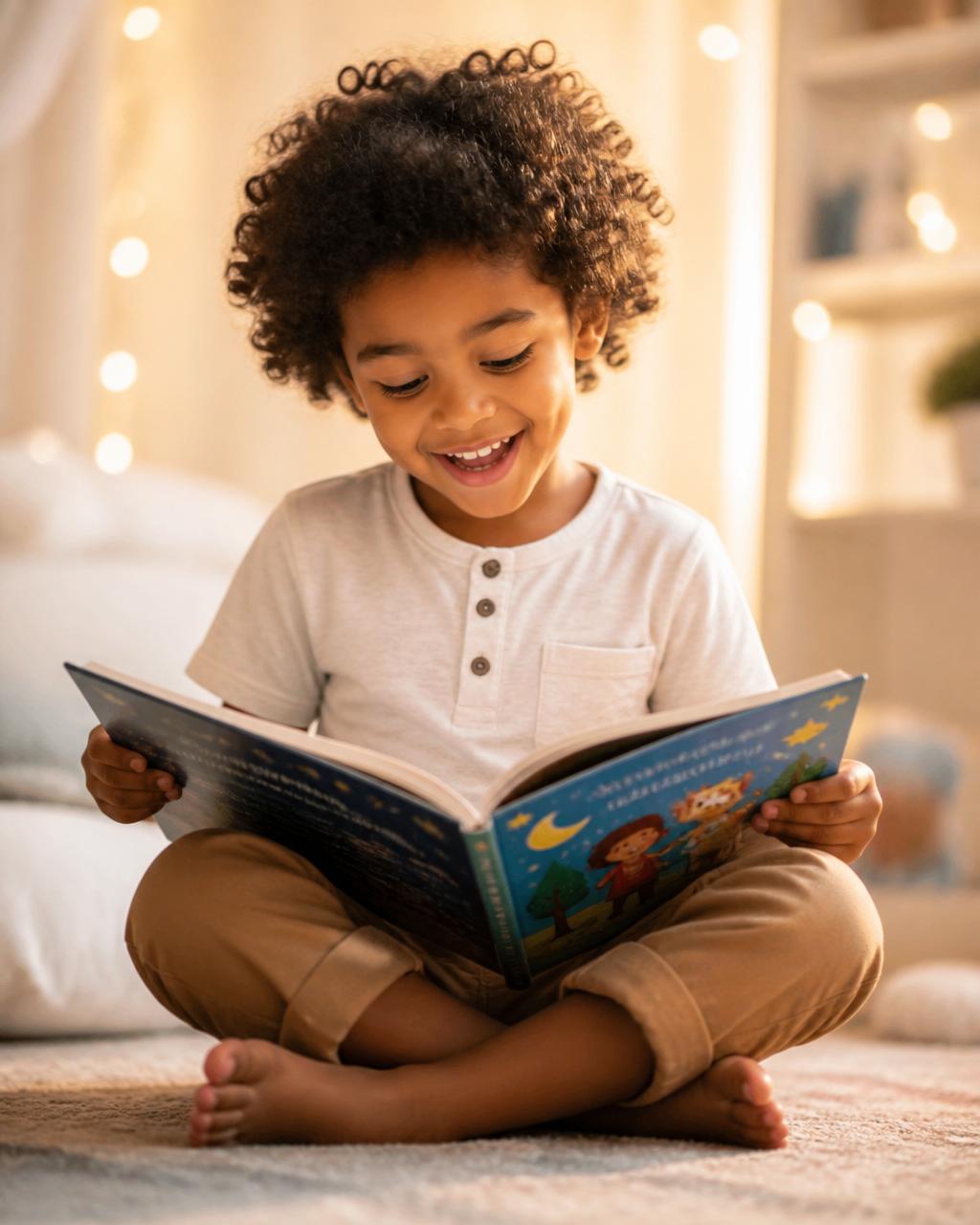 A joyful child reading a colorful storybook